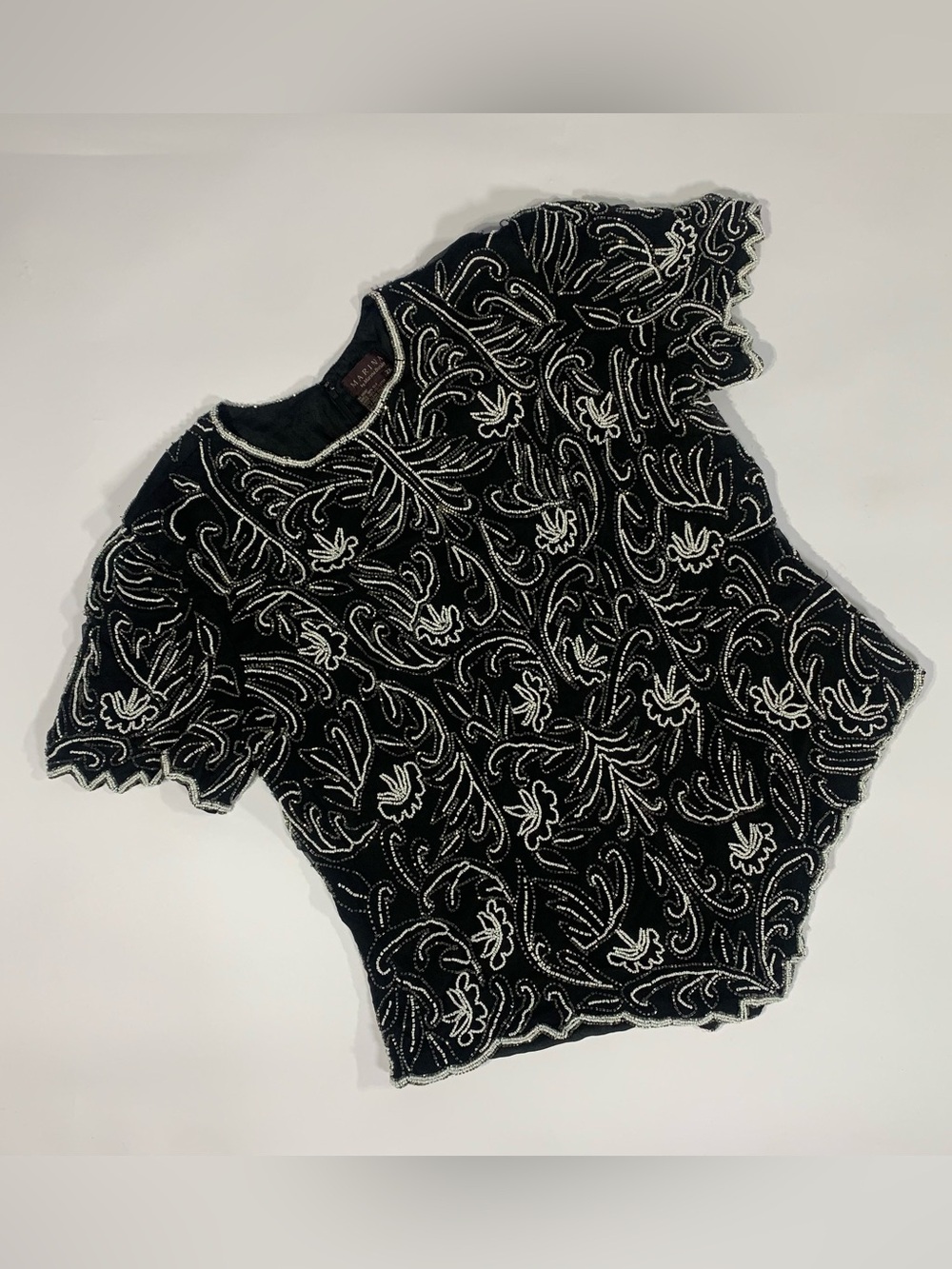 Vintage Marina Black Silk Beaded Floral Blouse 2X
